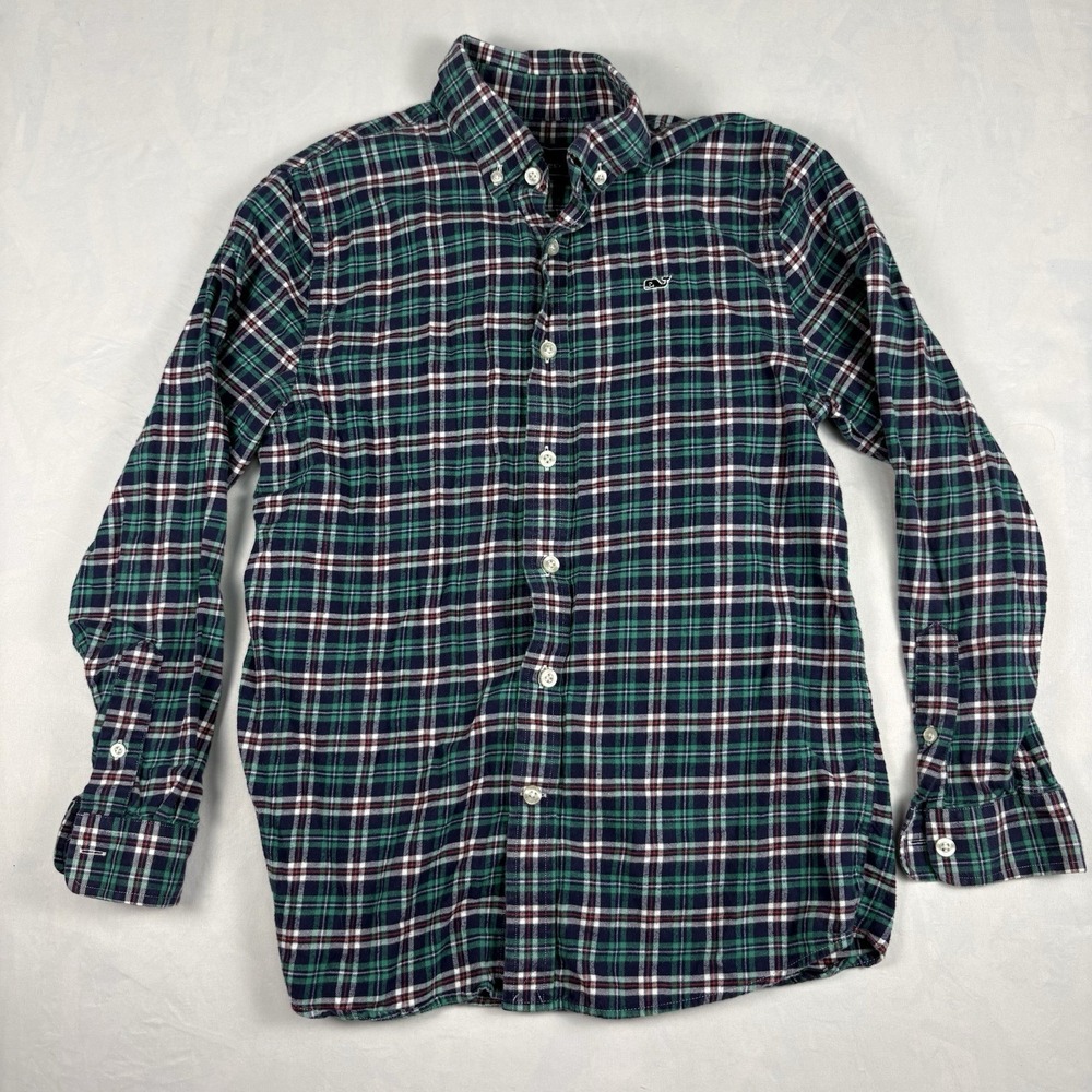 Vineyard Vines Boys Whale Shirt Flannel Medium 12-14 Green Navy Plaid ButtonDown